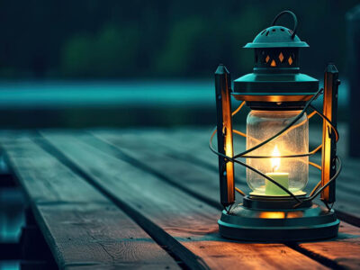 Lit lantern at night on a wooden dock