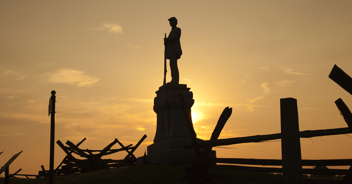 Silhouette of Civil War monument at Bloody Lane, Antietam National Battlefield