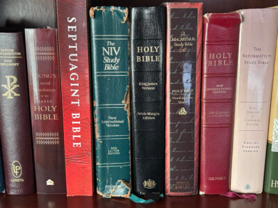 Shelf of Bibles including KJV, NIV, ESV, NASB, The Geneva Bible, Scofield Bible, and Study Bibles